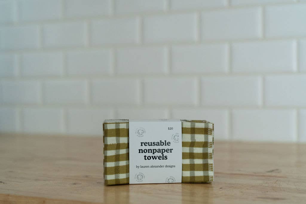Reusable Paper Towels - Green Gingham : 6 Pack Rolled