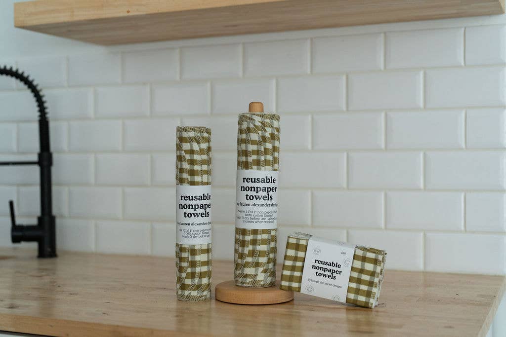 Reusable Paper Towels - Green Gingham : 6 Pack Rolled